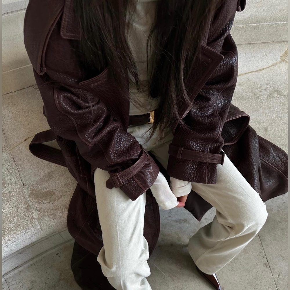 En Cuir Pebbled Leather Trench in Brown / Burgundy 100% Leather VERY OVERSIZED - Picture 11 of 14